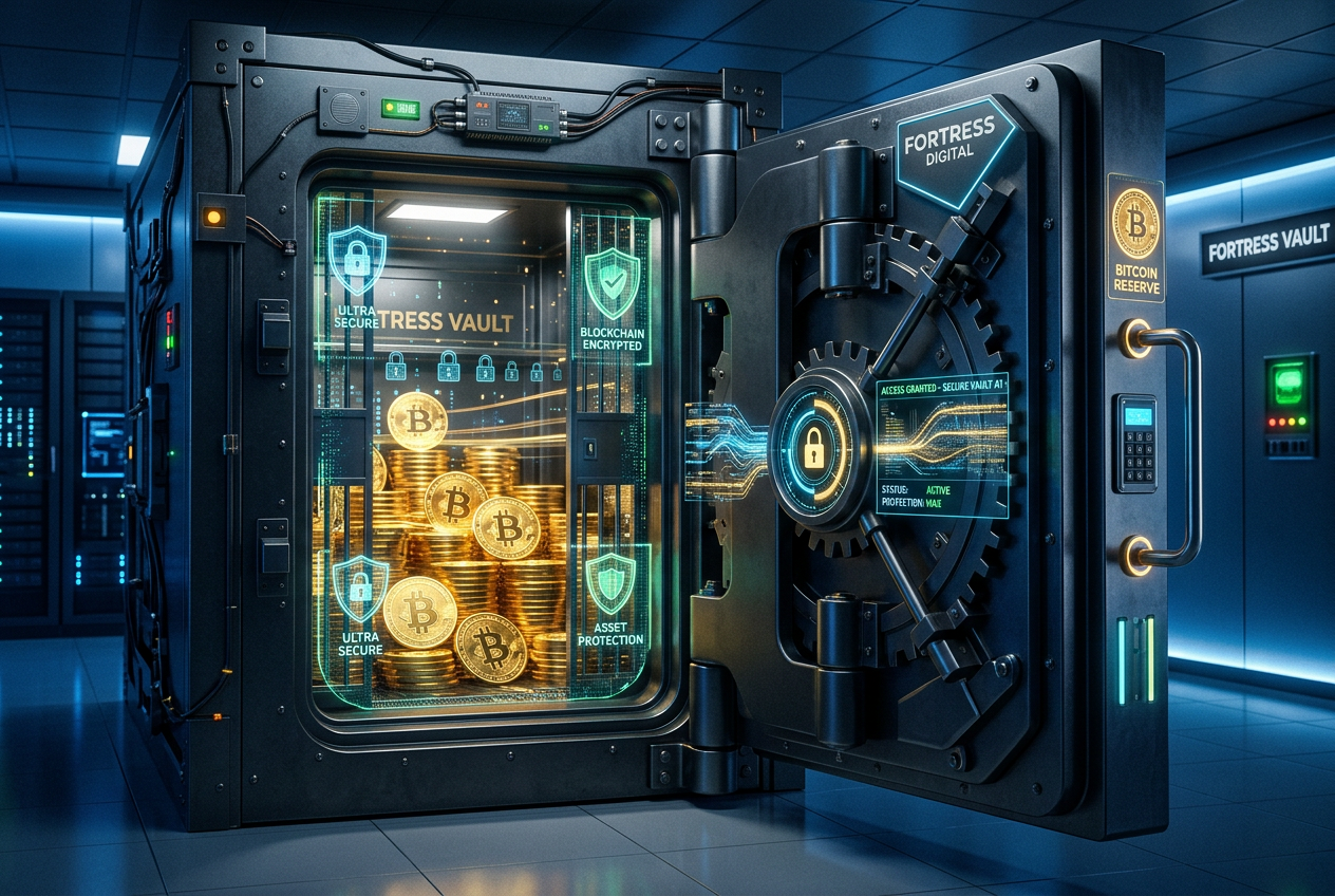 Digitální zabezpečení kryptoměn, symbol Bitcoinu za trezorovými dveřmi