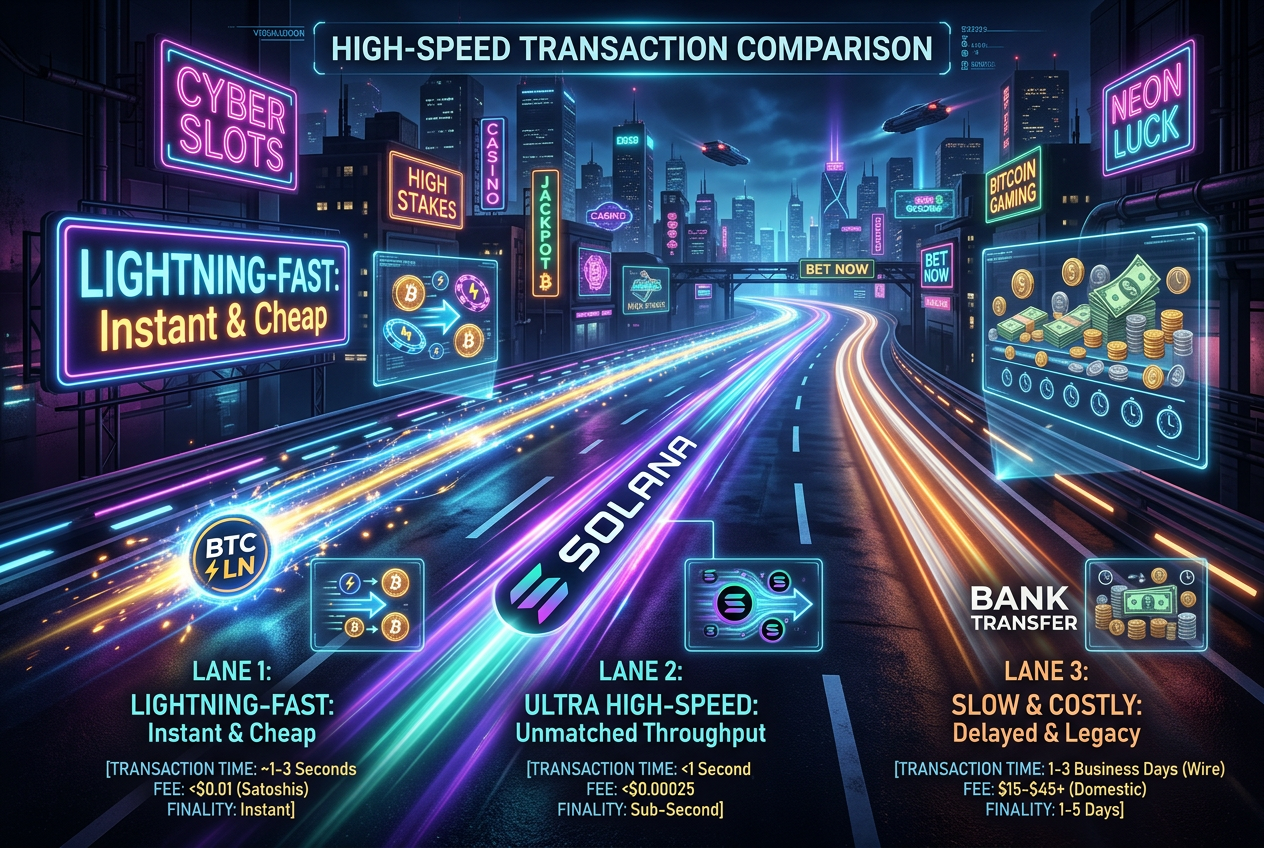 Infografika srovnání rychlosti transakcí v kasinech mezi BTC, Solana a bankovním převodem