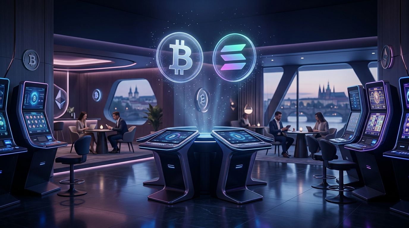 Futuristické krypto kasino s holografickými symboly Bitcoinu