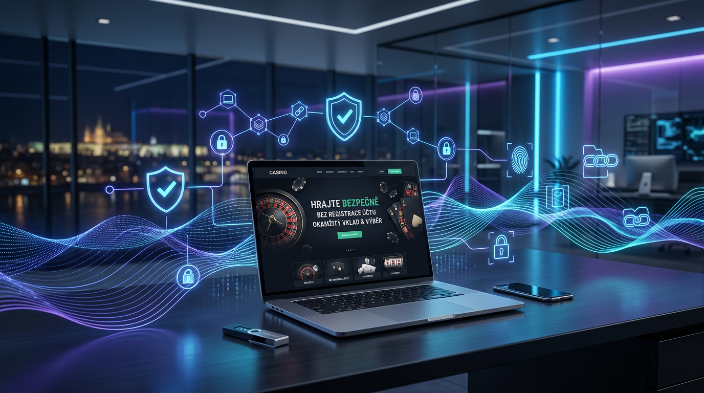 Digitální prostředí s blockchainovými prvky a ikonami soukromí symbolizující anonymní hraní v online casinu