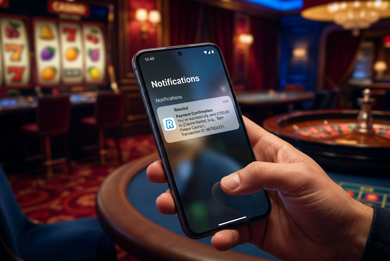 Moderní rozhraní aplikace Revolut s potvrzením vkladu do online casina